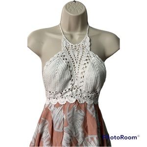 Luxxel white halter mini dress crochet top size small